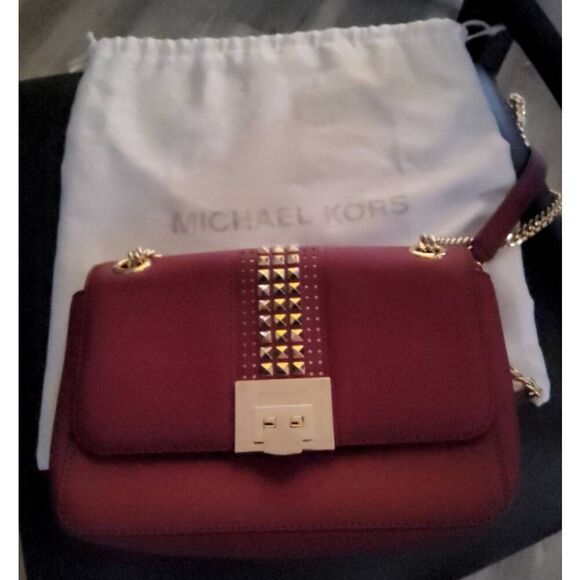 NWT~MICHAEL KORS TINA Red Small Leather Gold Studded Shoulder Bag Purse~$328 - Picture 11 of 12